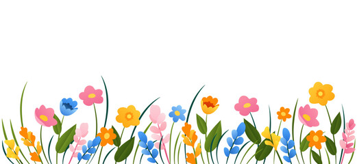 Horizontal cartoon banner with gorgeous multicolored blooming flowers, leaves border. Spring or summer botanical flat vector illustration on white background with empty space.