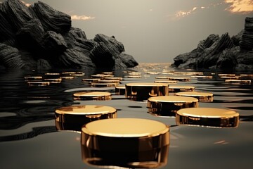  Surreal Golden Platforms Floating on Tranquil Waters at Dusk