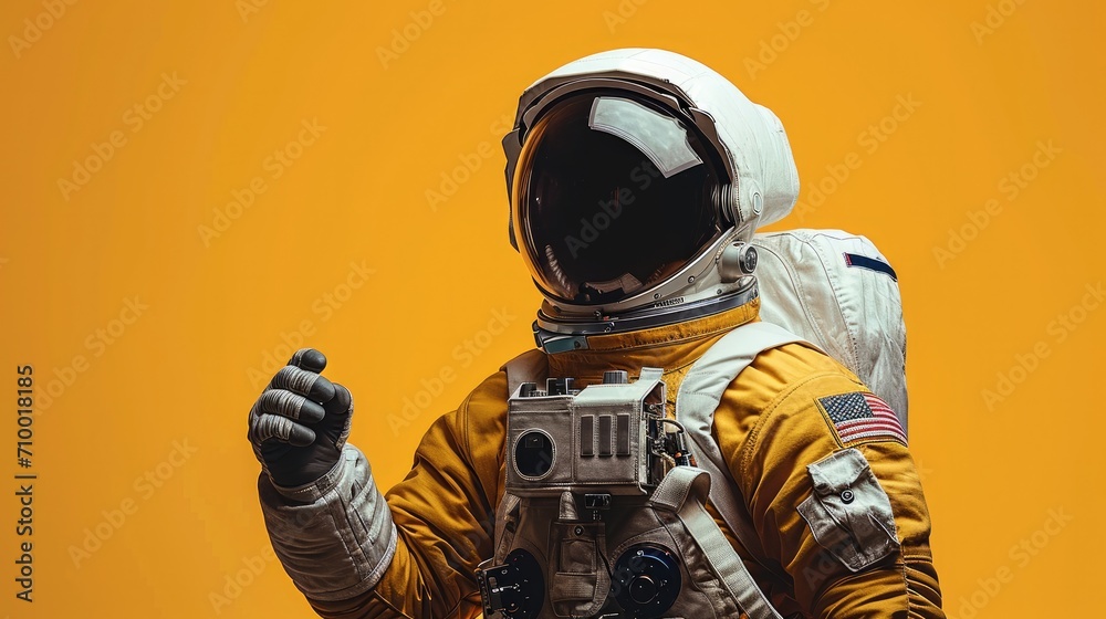 Poster astronaut portrait on yellow background. generative ai.