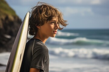 Portrait of a surfer boy with his surfboard contemplating the sea