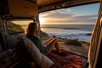 Man relaxing in his camper van watching the sunset over the coastline