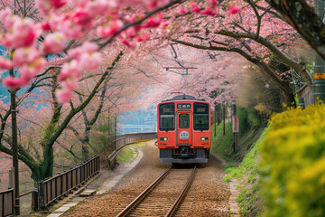 Naklejka premium Japanese Kyoto local train traveling on rail tracks with flourishing cherry blossoms along the railway in Kyoto