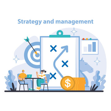 Strategy and management concept. Executives collaborate on goals, analyze financial growth. Targeting success, optimizing resources, charting progress. Flat vector illustration.