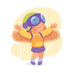 Joyful Girl Dream of Flying Play Cardboard Plane Toy Vector Illustration