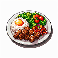 Pixelated game art of steak and eggs with a side of veggies on a plate against a white background