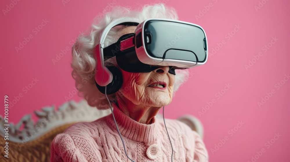 Aufkleber grandma using vr headset against pastel color background. generative ai.