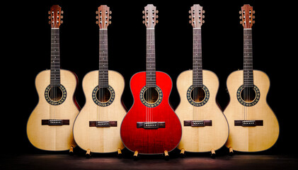 Musical Instruments on Black Background Acoustic Guitar, Bass Guitar, Keyboard, Drums, Saxophone