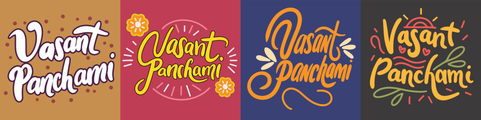 Collection of text banners Vasant Panchami. Handwriting Holiday banners set Vasant Panchami. Hand drawn vector art.