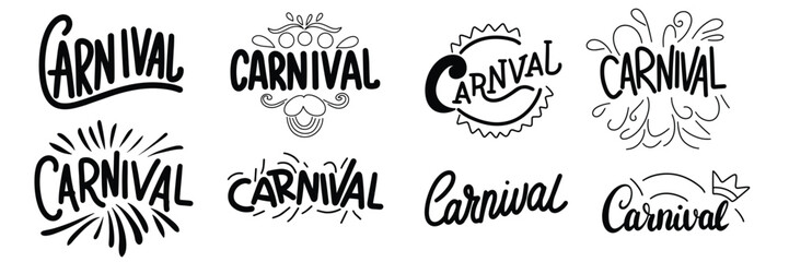 Collection of text banners Carnival. Handwriting Holiday banners set Carnival. Hand drawn vector art.