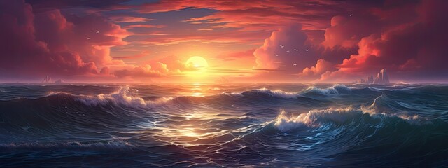 Fototapeta premium Fantasy sunset over ocean or sea. Beautiful sky