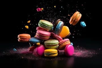 Keuken spatwand met foto Vibrant macarons with sugar powder burst on black background. Generative AI © Meliora