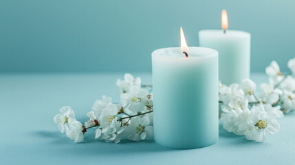 Fototapeta na wymiar White candles with white flowers on a pastel blue background 