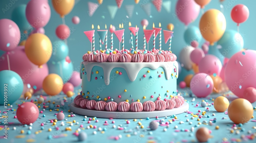 Poster Background with front view of a happy birthday party elements, 3d rendering. Generative AI.