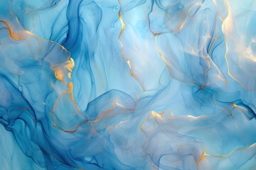 Ethereal fluid art with golden swirls in blue, luxury abstract - obrazy, fototapety, plakaty