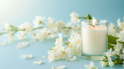 Fototapeta na wymiar White candles with white flowers on a pastel blue background 