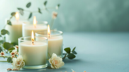 White candles with white flowers on a pastel blue background 