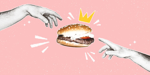 Male hands reach for a burger with a crown. Modern pop art illustration of fast food with halftone effect in retro collage style. - obrazy, fototapety, plakaty