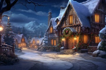 A festive village with decorated trees, cozy houses, and the scent of pine. Generative AI