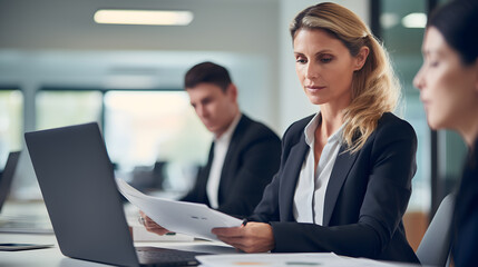 A professional businesswoman review reports in an office. Generative AI