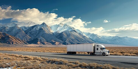 a white truck carries goods against the backdrop of mountains Generative AI