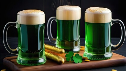 Banner, St. Patrick's Day, concept. Three glasses of green Irish beer with foam stand on a wooden board nearby - green clover leaf decoration,