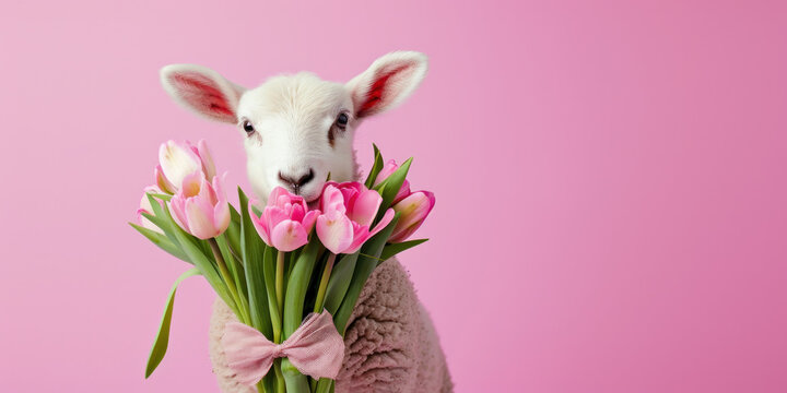 Lamma  with tulips bouquet on a pink background, spring time banner 