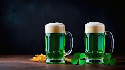 Banner, St. Patrick's Day, concept. Two glasses of green Irish beer with foam stand on a wooden board side by side - green clover leaf decoration, on a black background,