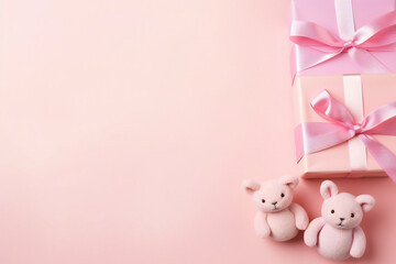 Mother's Day concept. Top view photo of stylish pink giftbox with ribbon bow and bouquet of tulips on isolated pastel pink background with copyspace Generative AI