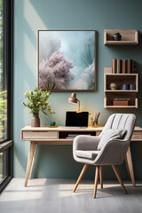 Embrace the tranquility of a modern Scandinavian home office with a cozy workplace featuring a wooden writing desk and chair against a subtle grey backdrop. 