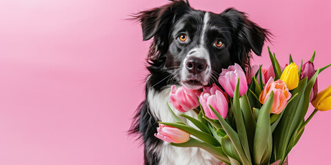  An aussie dog with tulips bouquet on a pink background, spring time banner 