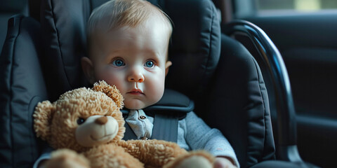 baby in a car seat with a bear toy  - obrazy, fototapety, plakaty