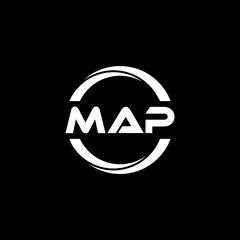 MAP letter logo design with black background in illustrator, cube logo, vector logo, modern alphabet font overlap style. calligraphy designs for logo, Poster, Invitation, etc.