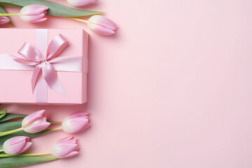 Obraz na płótnie Canvas Mother's Day concept. Top view photo of stylish pink giftbox with ribbon bow and bouquet of tulips on isolated pastel pink background with copyspace Generative AI