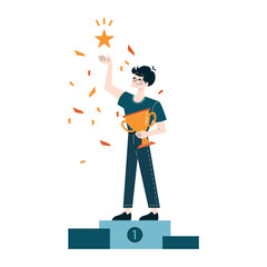 Achievement in business concept. A jubilant person with a trophy atop a winner's podium, celebrating success. Confetti accentuates the festive mood. Flat vector illustration