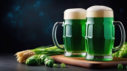 Banner, St. Patrick's Day, concept. Two glasses of green Irish beer with foam stand on a wooden board side by side - decoration made of hops and wheat plants on a dark background, copy space,