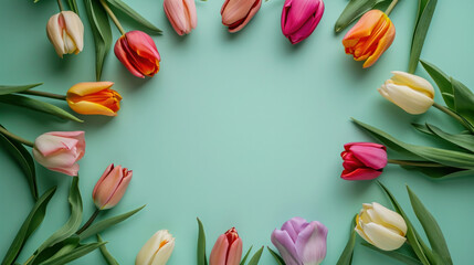 Colourful tulips on a plain background, copy space, woman's day banner, mother's day background