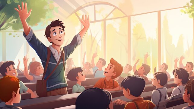 Schoolboy raise hand to answer question during class at school. Interactive classroom. education. Back to school