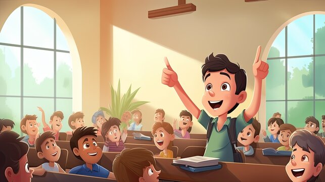 Schoolboy raise hand to answer question during class at school. Interactive classroom. education. Back to school
