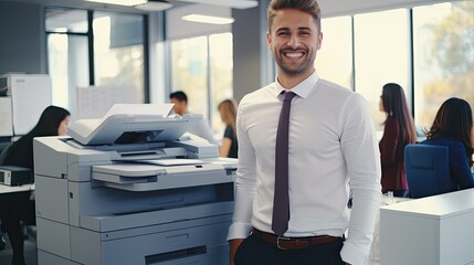Smiling man working in office with printer. Office worker prints paper on multifunction laser printer. Secretary work. Copy, print, scan, and fax machine - obrazy, fototapety, plakaty