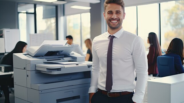 Smiling man working in office with printer. Office worker prints paper on multifunction laser printer. Secretary work. Copy, print, scan, and fax machine