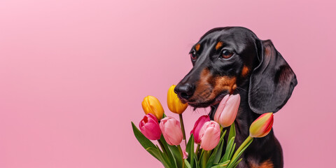 Dachshund dog with tulips bouquet on a pink background, spring time banner 