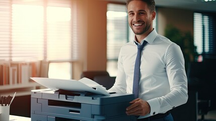 Smiling man working in office with printer. Office worker prints paper on multifunction laser printer. Secretary work. Copy, print, scan, and fax machine - obrazy, fototapety, plakaty