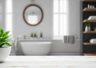 White bathroom interior. Empty wooden table top with plant for product display with blurred bathroom interior background
