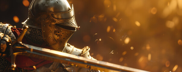 Knight in shining armor, raising a sword	 - obrazy, fototapety, plakaty