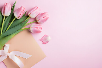 Obraz na płótnie Canvas Flowers creative composition. Mother woman day. Bouquet of pink tulips flower on pastel pink background. mock up. top view, copy space. top. flat lay Generative AI