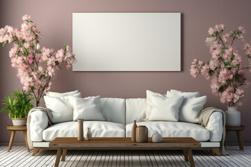 Experience the tranquility of a living space adorned with a soft color white sofa and a complementary table, framed against an empty canvas for your text.