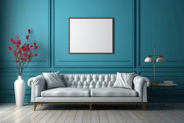 Imagine a serene setting featuring a blue sofa and a suitable table, framed by an empty blank frame, providing a canvas for your text to shine.