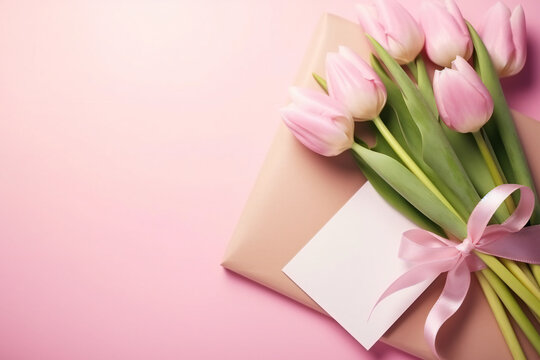 Flowers creative composition. Mother woman day. Bouquet of pink tulips flower on pastel pink background. mock up. top view, copy space. top. flat lay Generative AI