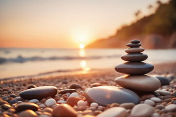 Zen stones on the beach near sea, blurred background, warm sunset light - obrazy, fototapety, plakaty