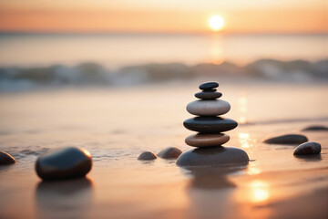 Zen stones on the beach near sea, blurred background, warm sunset light